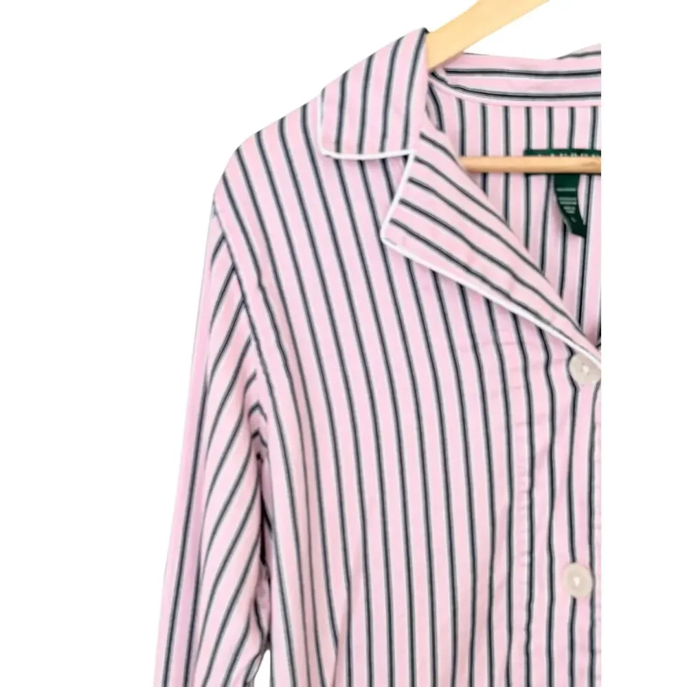 Lauren Ralph Lauren Pajama Top Womens L Pink‎ Navy Blue Striped Cotton Preppy
